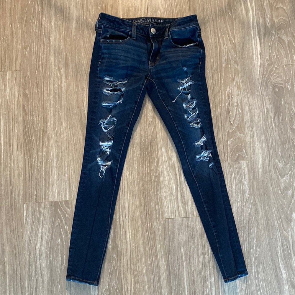 American Eagle Outfitters High Rise Dark Blue Distressed Skinny Jeans